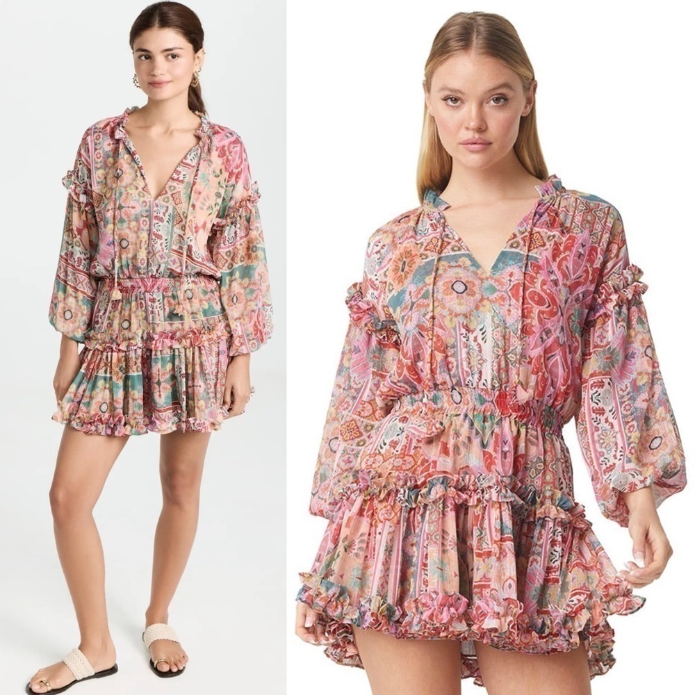 MISA Chiffon Puff Long Sleeve Tassel Tie Neck Smocked Waist Tier Ruffle Dress XS - Picture 6 of 16